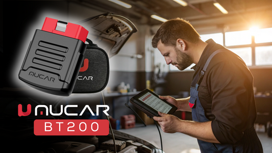 Close-up of MUCAR BT200 OBD-II scanner plugged into a car’s dashboard, showing blue LED lights for vehicle diagnostics.
