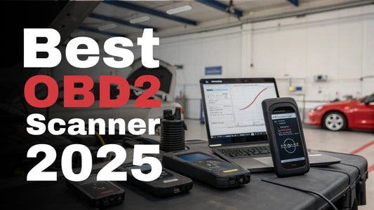 Flat-lay image of various OBD2 car scanners on a mechanic’s workbench with diagnostic data on a smartphone, ideal for car diagnostics blog.