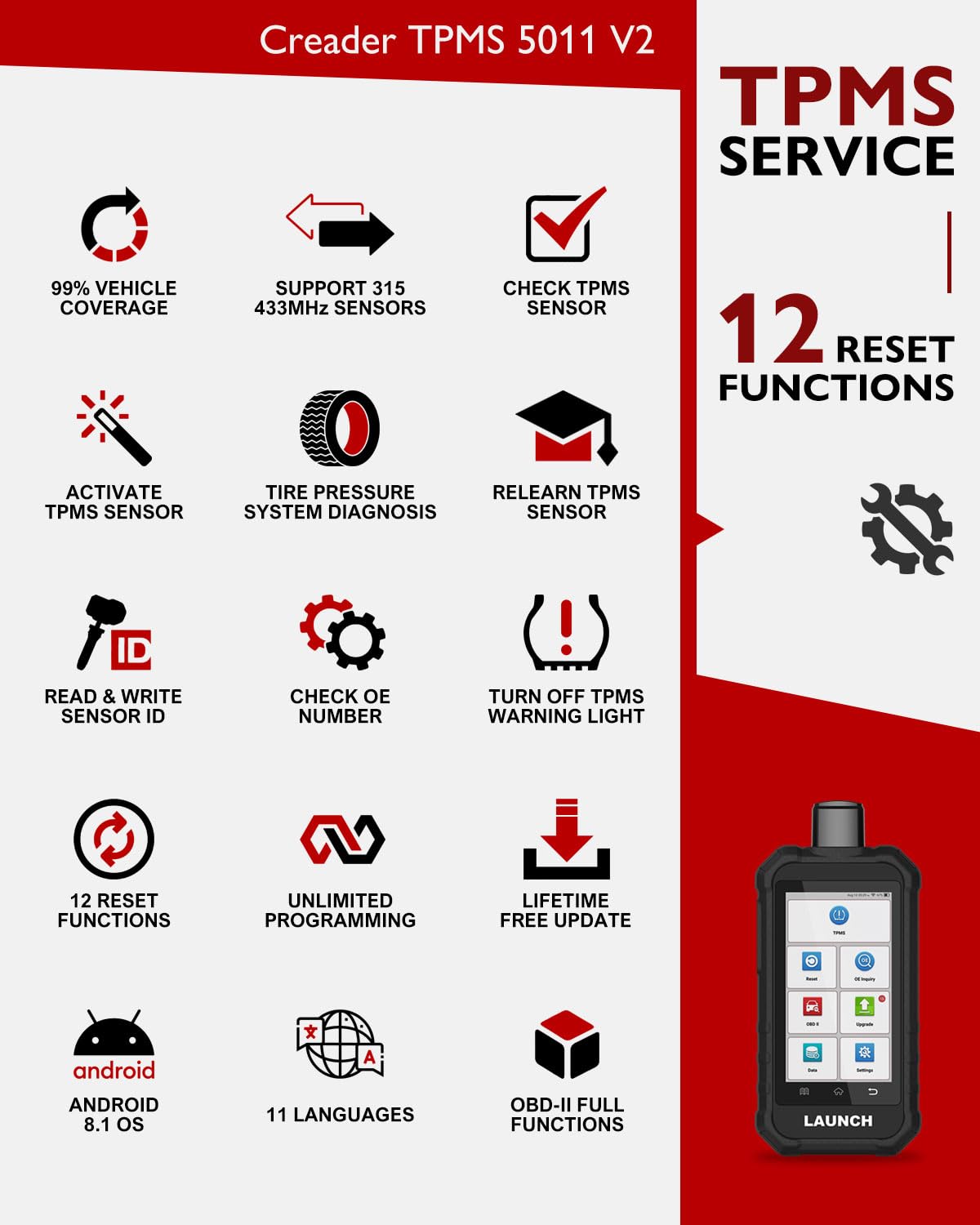 LAUNCH X431 Creader TPMS 5011 V2 – Advanced Tire Pressure Sensor Tool