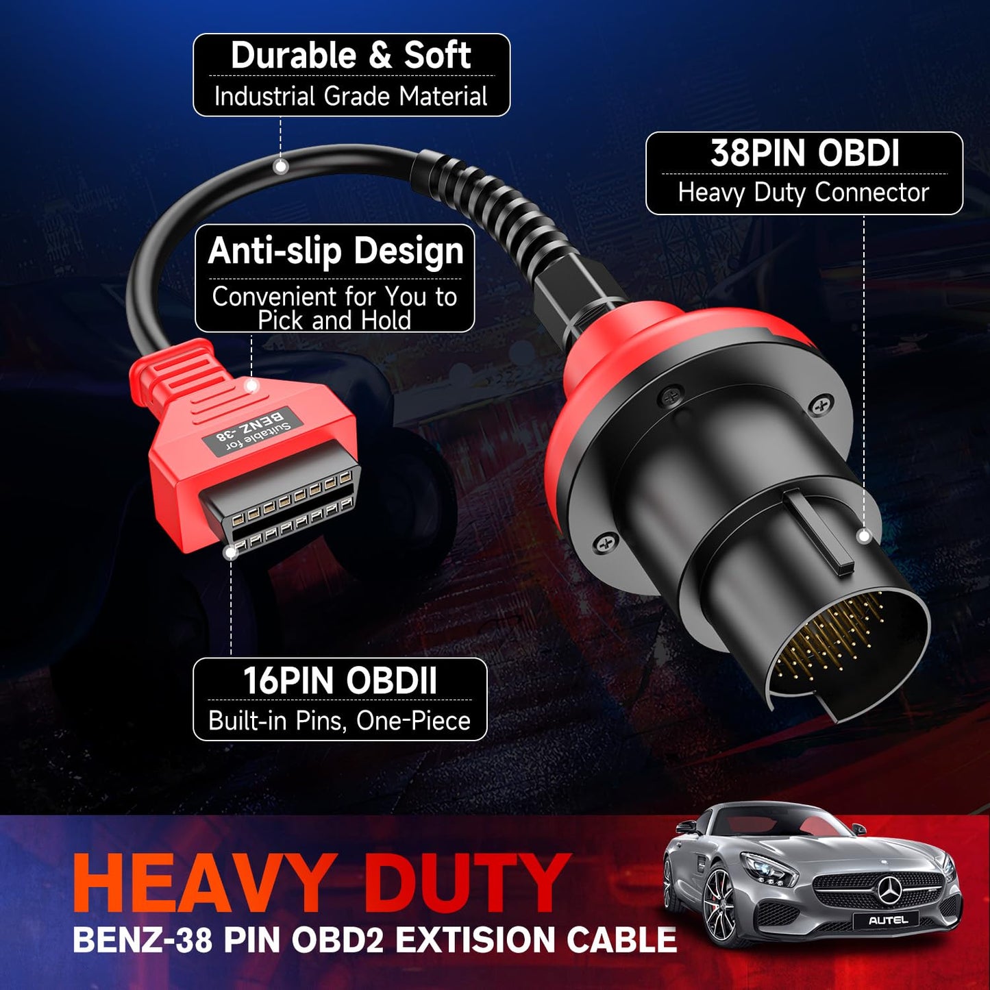 Autel Original BENZ-38 PIN Adapter, 38 Pin Male to 16 Pin Female OBDII Connector Compatible with Mercedes-Benz Pre-2001, Work with Autel Scanner MK808S, MK808BT PRO, MK900, Elite II PRO, Ultra, etc