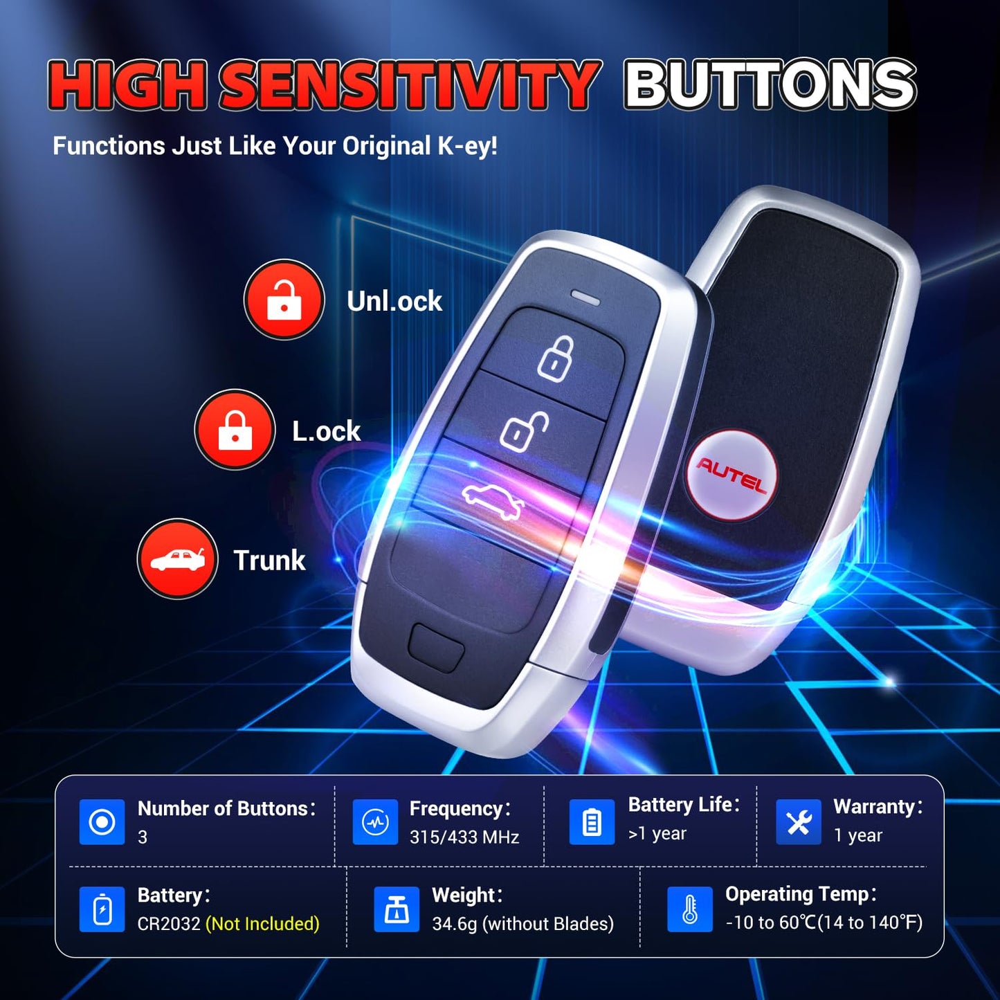 Autel Programmable Universal Blank Key Fob 3-Button for 700+ Cars