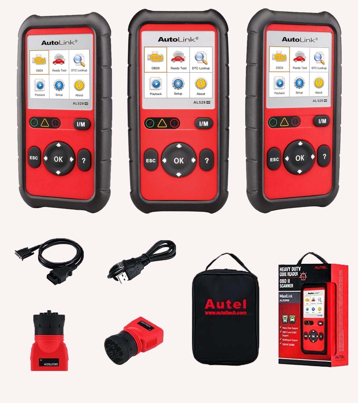 Autel AutoLink AL529HD Read/Erase Heavy Duty Engine DTCs Deutsch 9-Pin & 6-Pin Adapters One-Touch I/M Readiness/LED Indicator Support All 10 OBDII Test Modes Enhanced Mode 6 Diagnostics