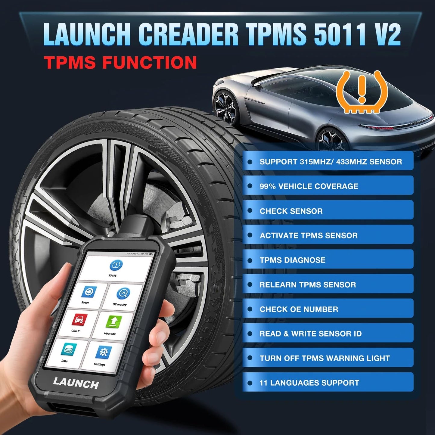 LAUNCH TPMS 5011 V2 Tire Sensor & OBD2 Scanner Tool