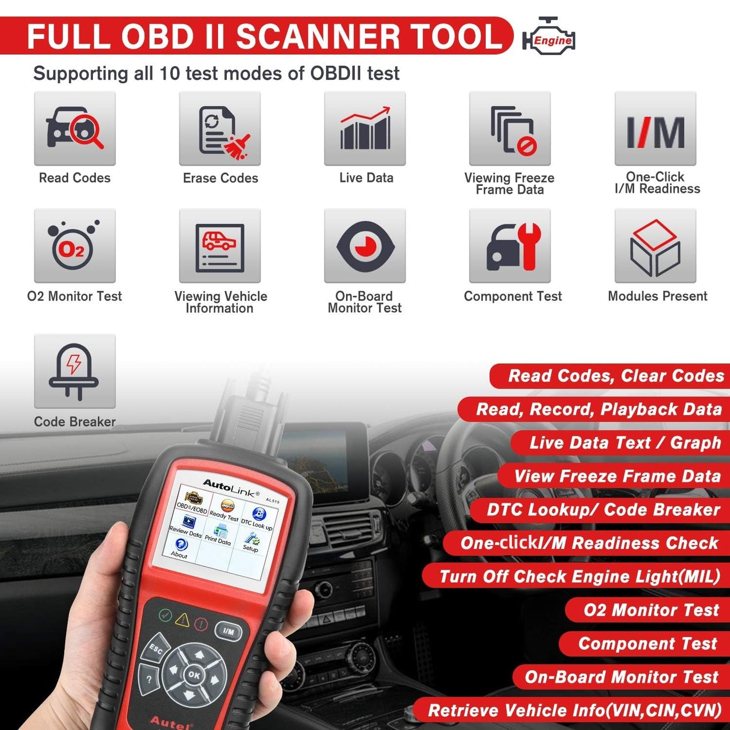Autel AutoLink AL519 OBD2 Scanner – One-Click Smog Check & Live Data