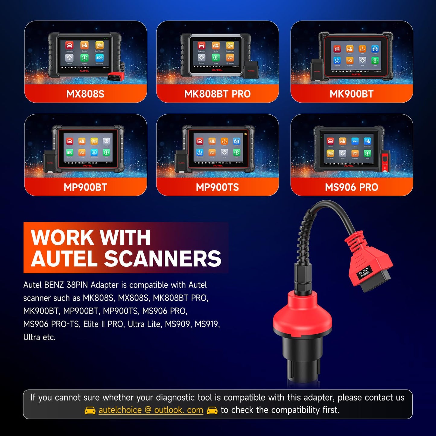 Autel Original BENZ-38 PIN Adapter, 38 Pin Male to 16 Pin Female OBDII Connector Compatible with Mercedes-Benz Pre-2001, Work with Autel Scanner MK808S, MK808BT PRO, MK900, Elite II PRO, Ultra, etc