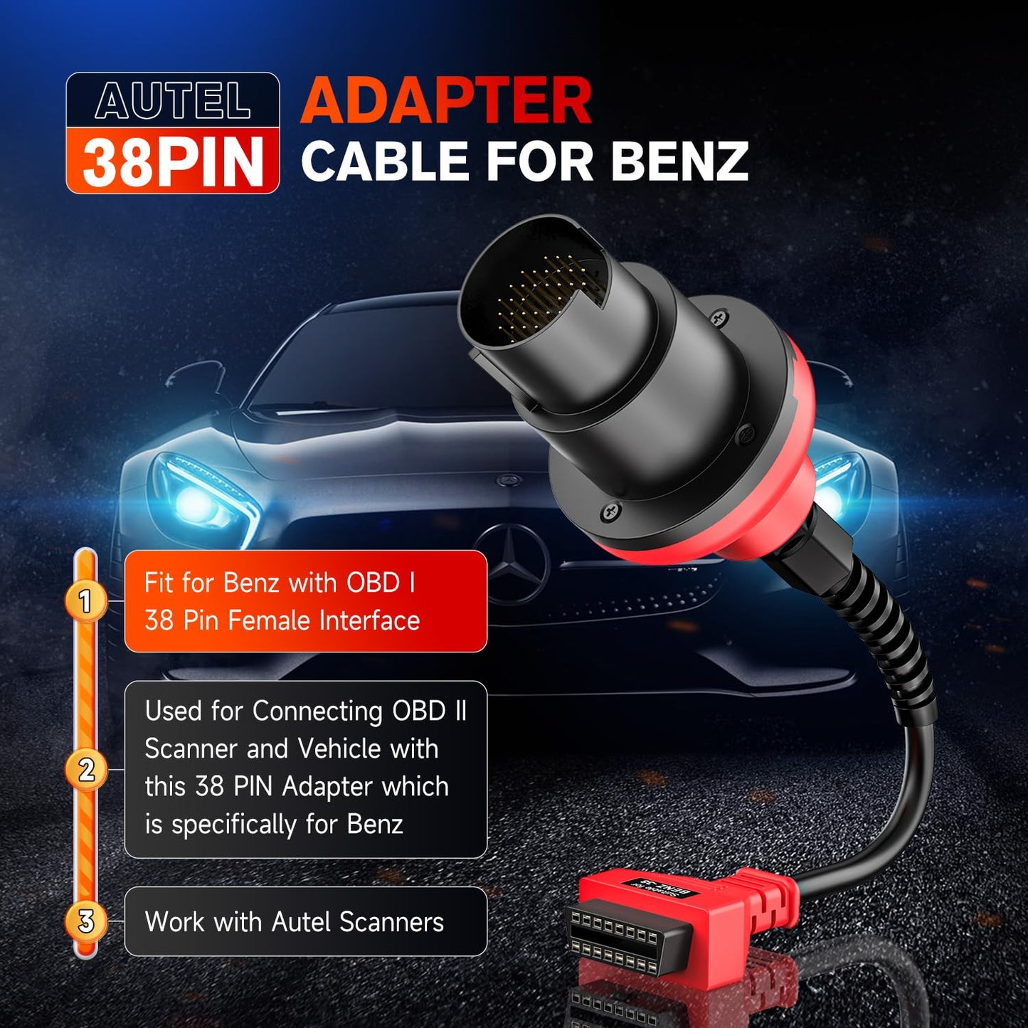Autel Original BENZ-38 PIN Adapter, 38 Pin Male to 16 Pin Female OBDII Connector Compatible with Mercedes-Benz Pre-2001, Work with Autel Scanner MK808S, MK808BT PRO, MK900, Elite II PRO, Ultra, etc