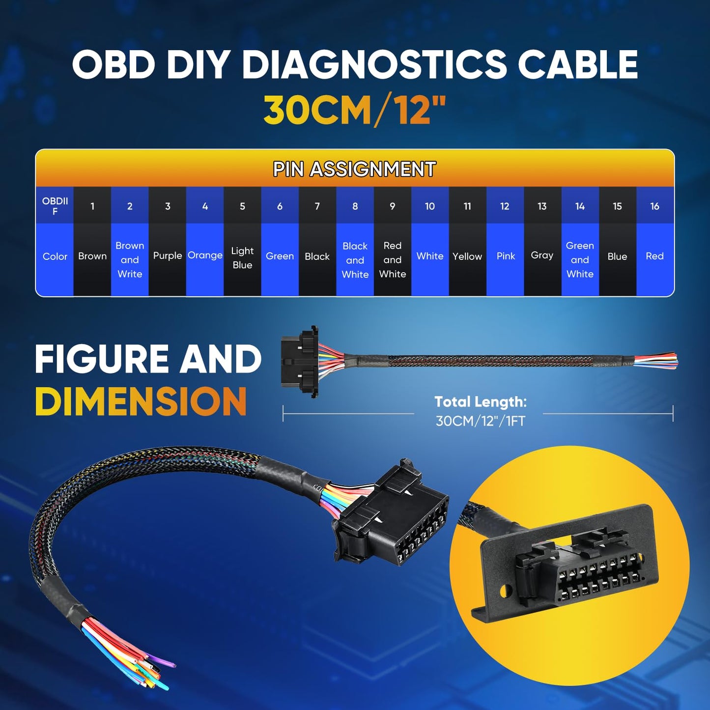 Autel OBD2 16Pin Female to Pigtail Cable with Dash Mount – 30CM