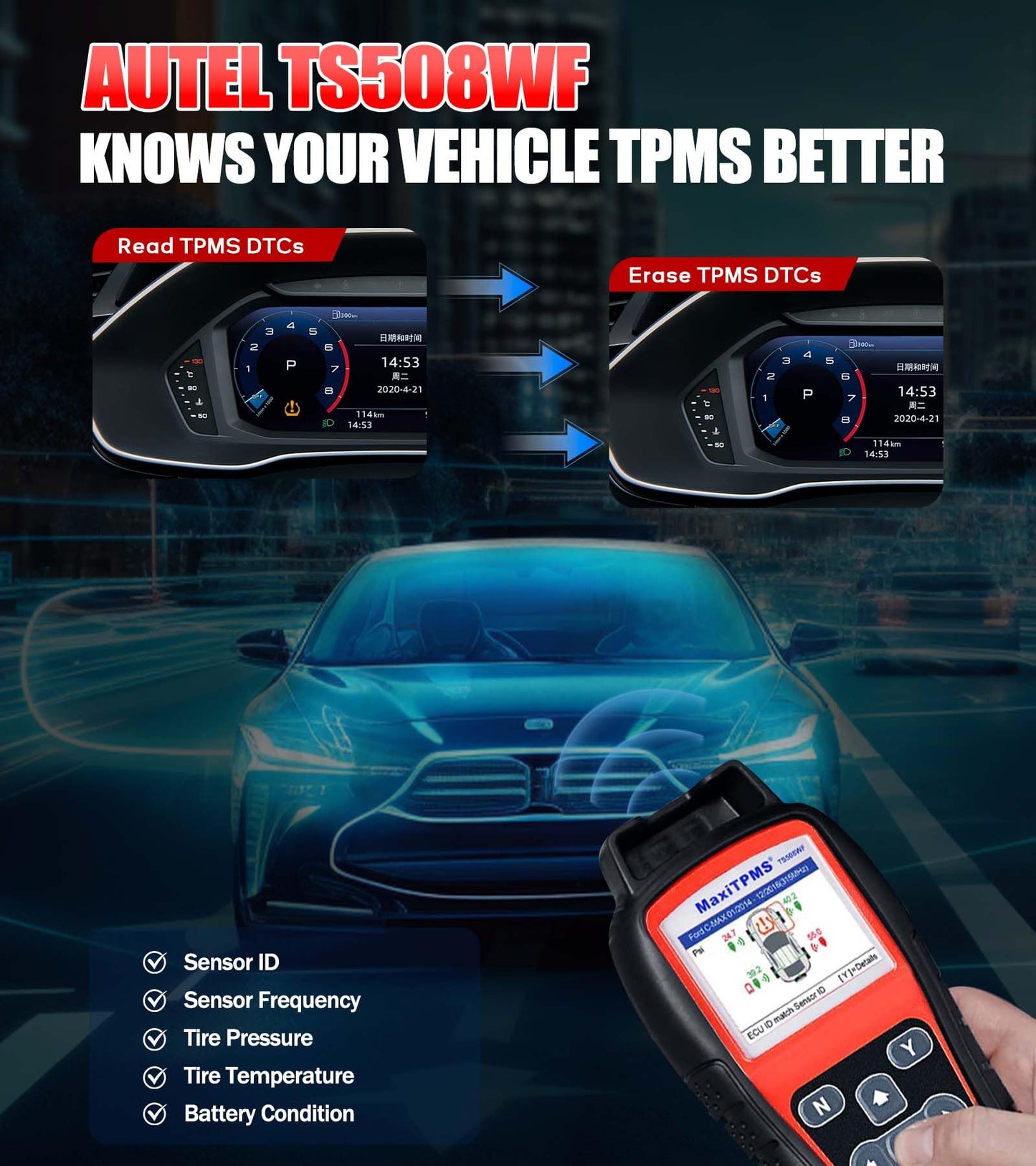 Autel MaxiTPMS TS508WF TPMS Tool – WiFi, MX Sensor Programming, OBD Relearn