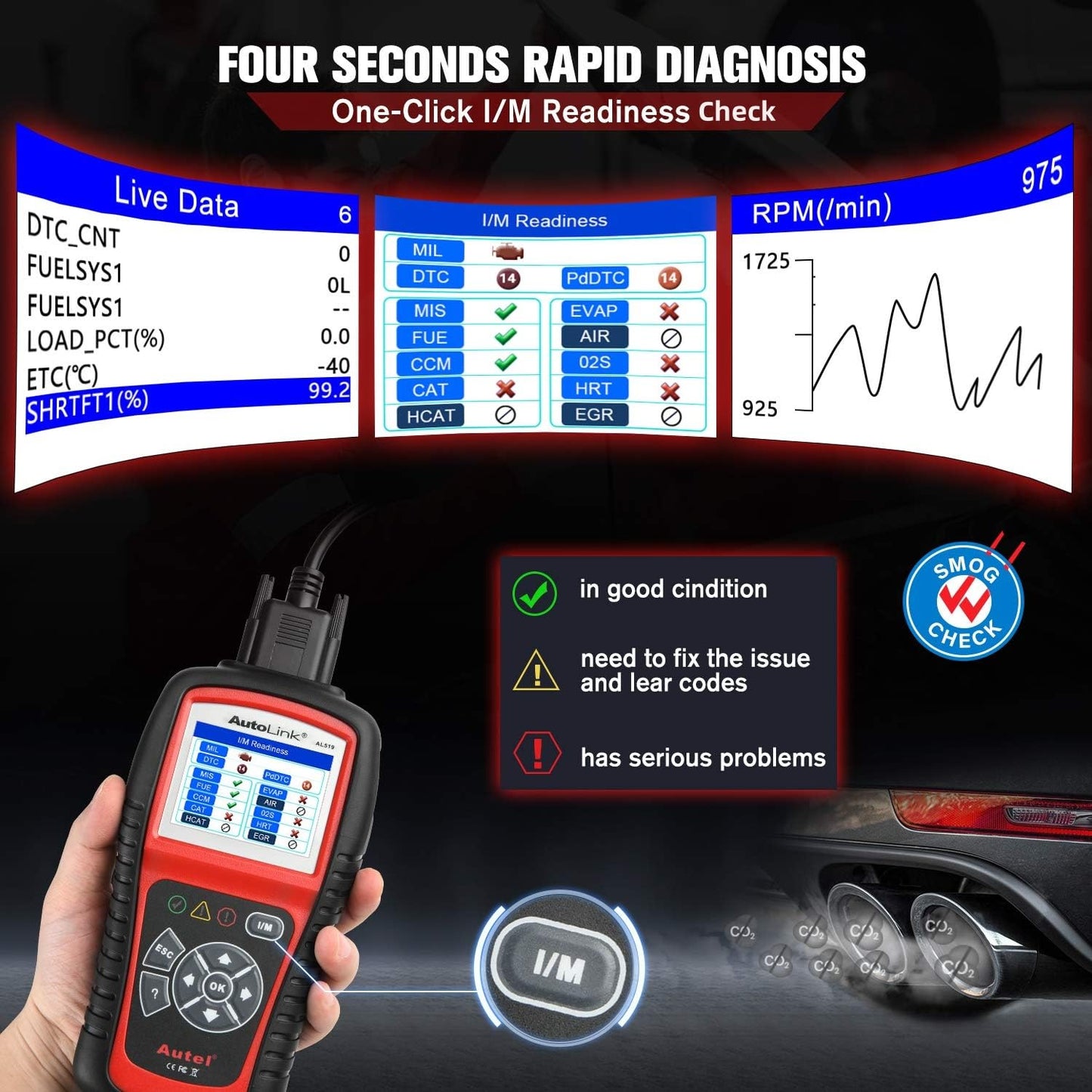 Autel AutoLink AL519 OBD2 Scanner – One-Click Smog Check & Live Data