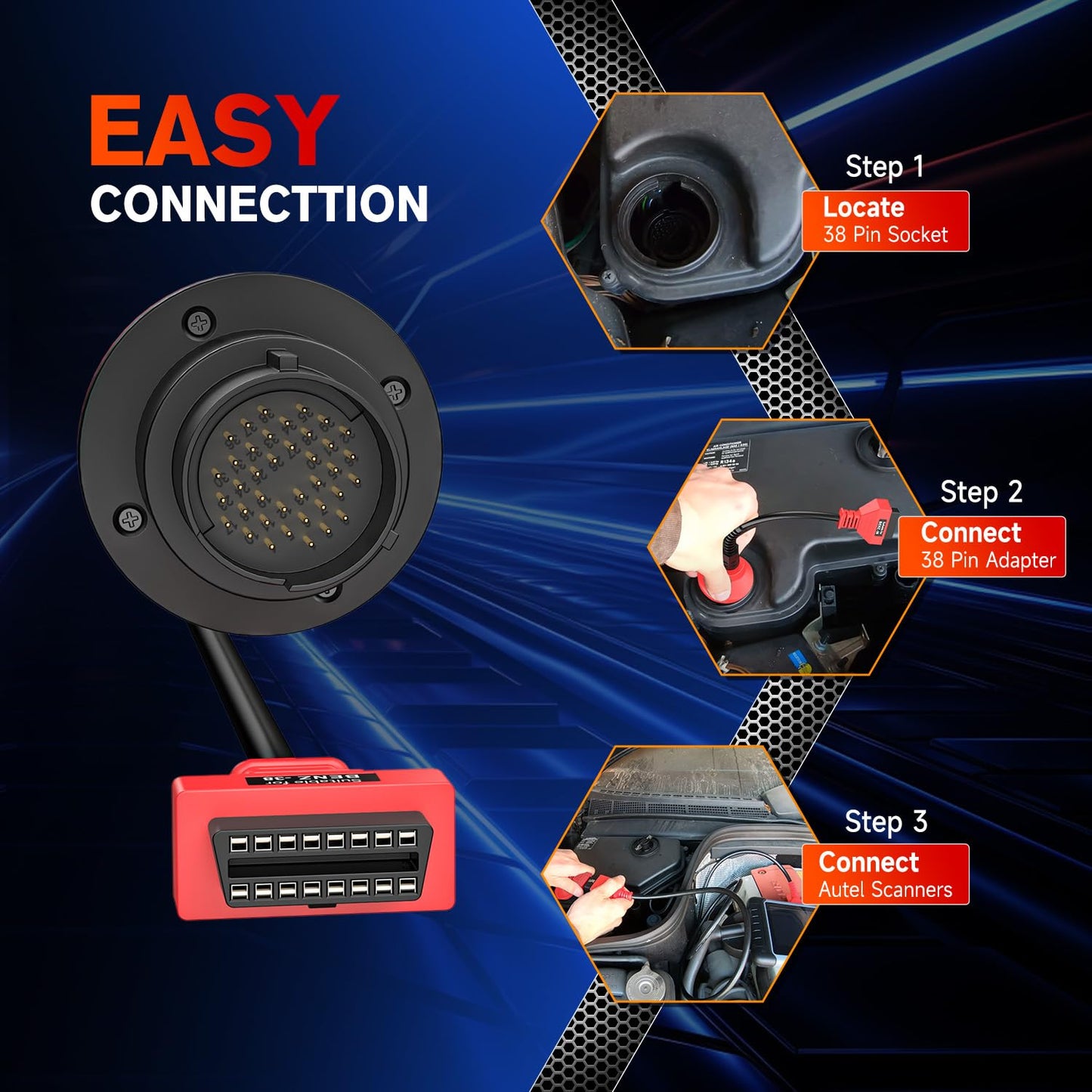 Autel Original BENZ-38 PIN Adapter, 38 Pin Male to 16 Pin Female OBDII Connector Compatible with Mercedes-Benz Pre-2001, Work with Autel Scanner MK808S, MK808BT PRO, MK900, Elite II PRO, Ultra, etc