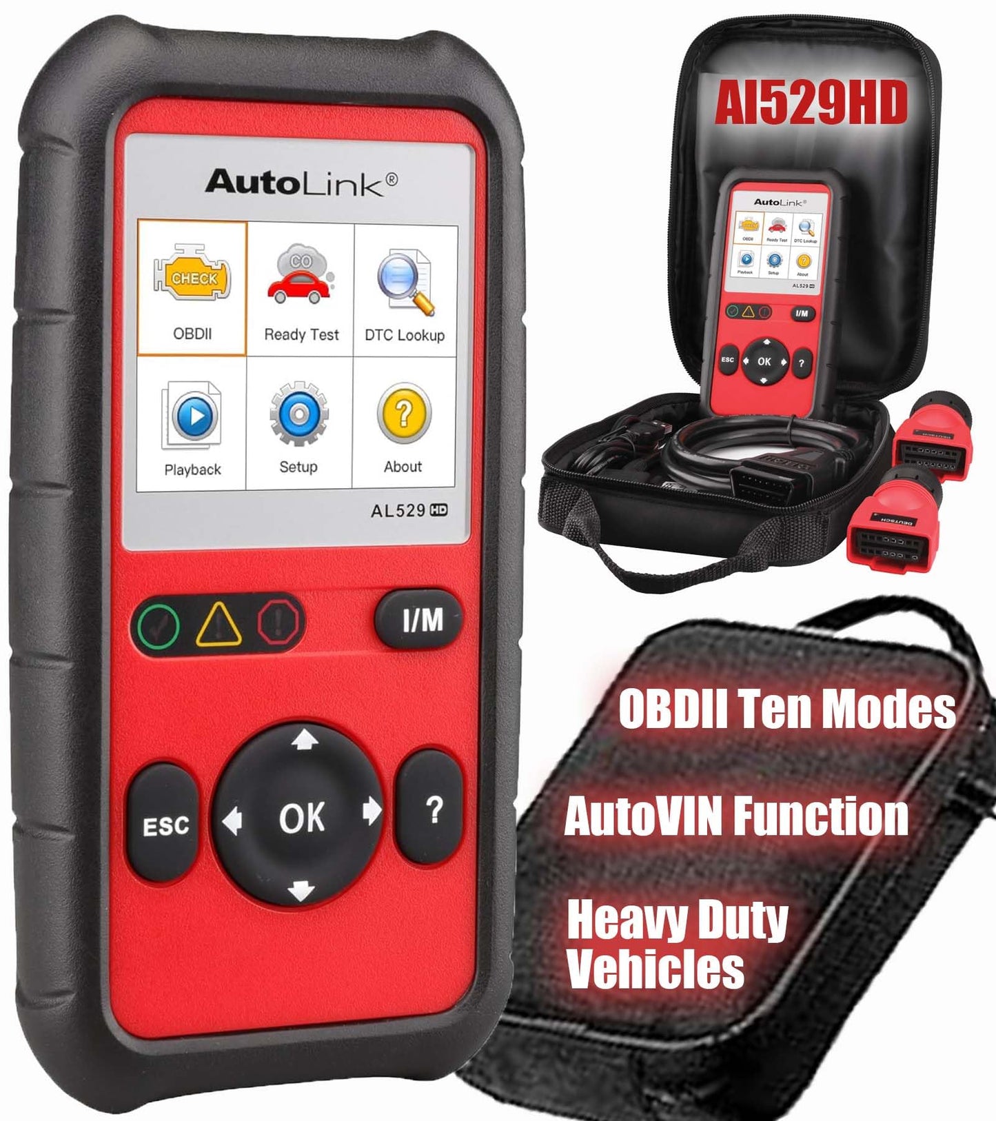 Autel AutoLink AL529HD Read/Erase Heavy Duty Engine DTCs Deutsch 9-Pin & 6-Pin Adapters One-Touch I/M Readiness/LED Indicator Support All 10 OBDII Test Modes Enhanced Mode 6 Diagnostics