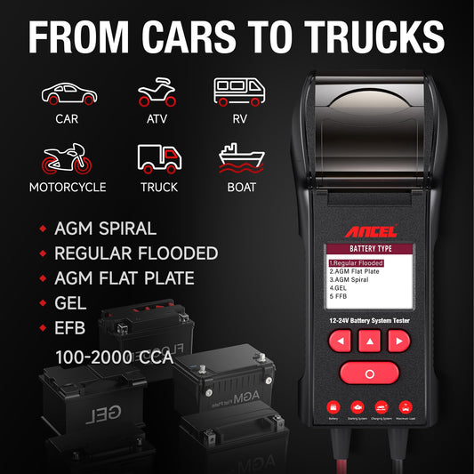 ANCEL BST600 Battery Tester with Printer - 12V/24V for Cars & Trucks