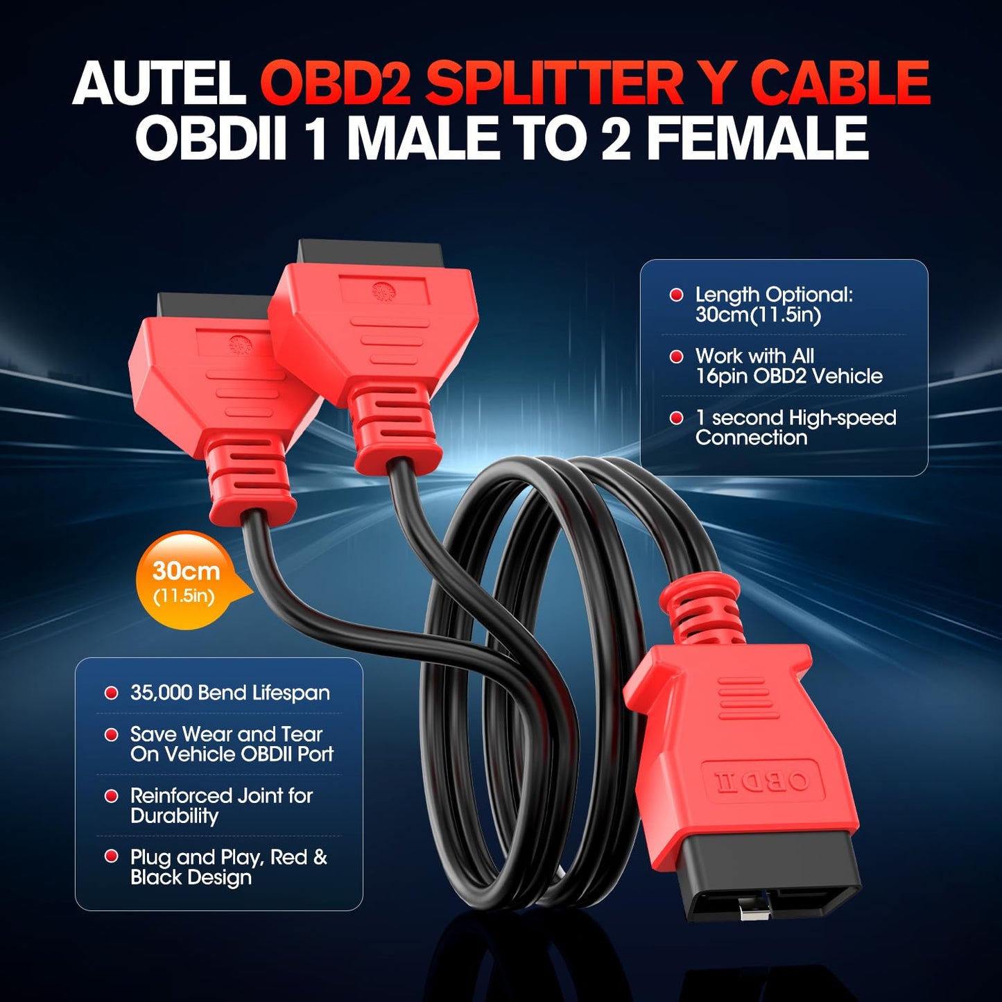 Autel OBD2 Splitter Y Cable, 16 Pin OBD II Extension, 2-Port Adapter