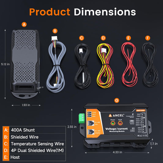 ANCEL BM1000 Bluetooth 400A Battery Monitor for RV, Marine & Solar Systems