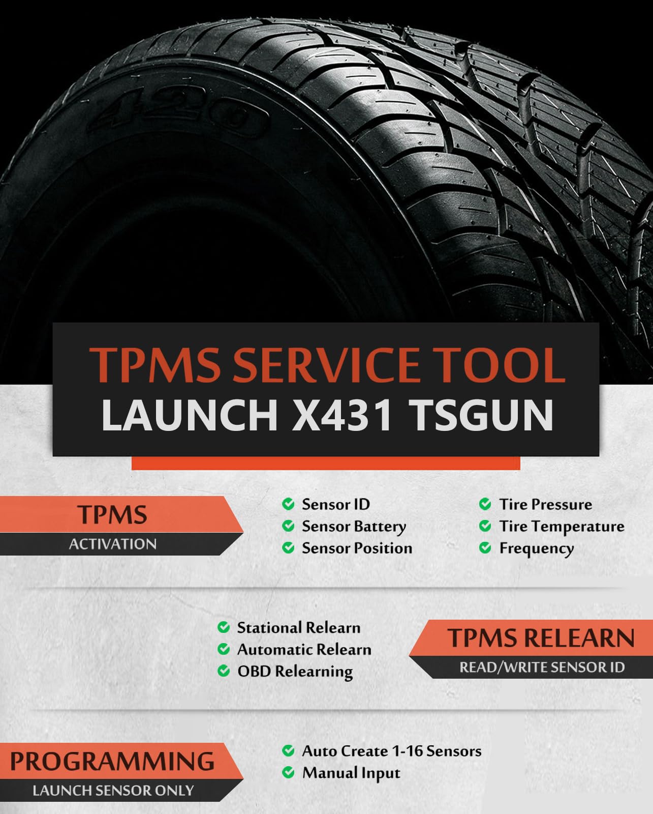 LAUNCH X-431 TSGUN TPMS Tool for X-431 Scanners | 315/433MHz Sensor Support