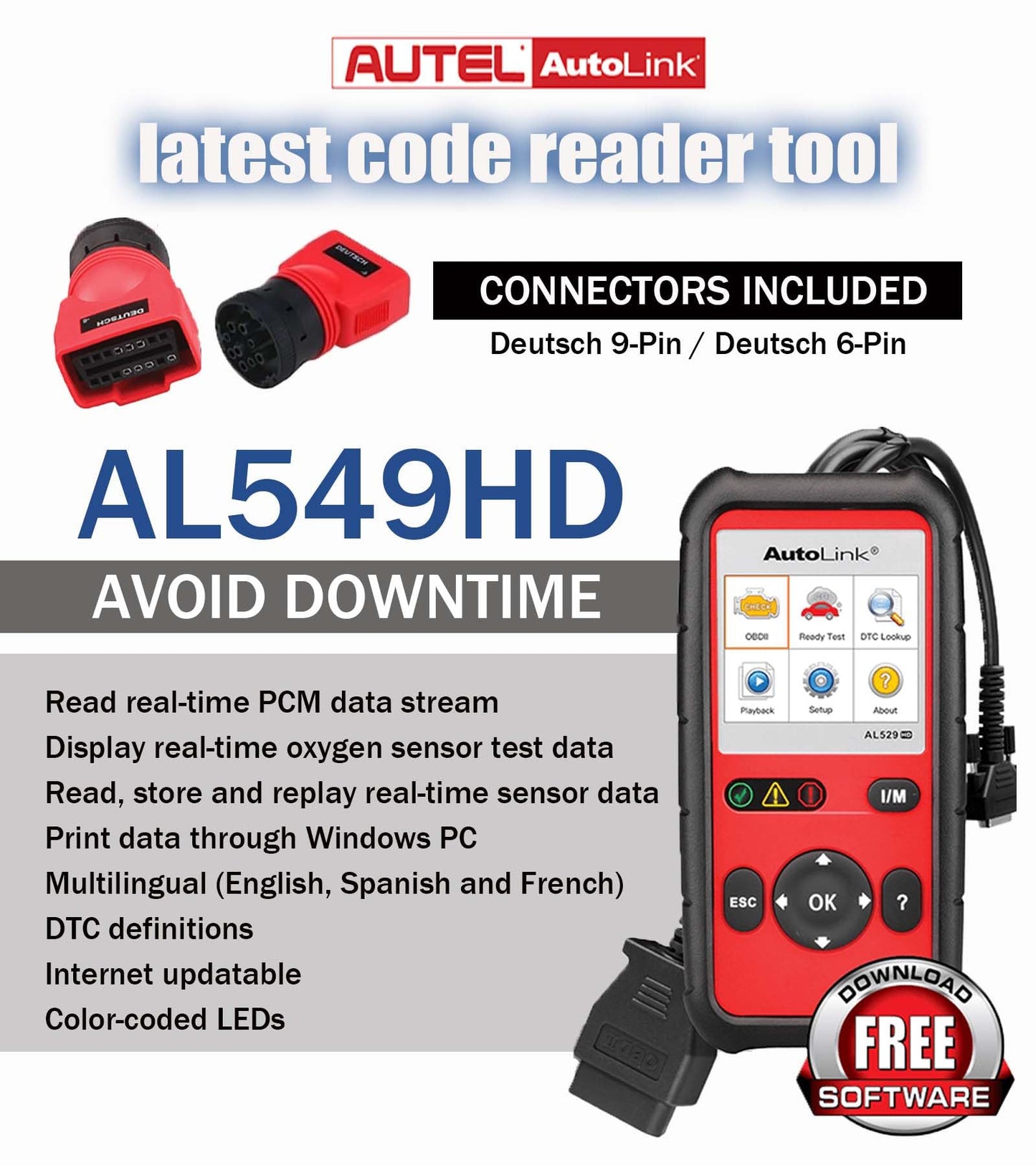 Autel AutoLink AL529HD Read/Erase Heavy Duty Engine DTCs Deutsch 9-Pin & 6-Pin Adapters One-Touch I/M Readiness/LED Indicator Support All 10 OBDII Test Modes Enhanced Mode 6 Diagnostics