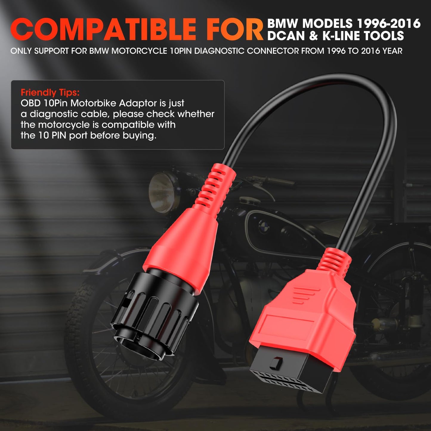 Autel OBD2 Adapter Cable for BMW Motorcycles 1996-2016, 10-Pin to 16-Pin