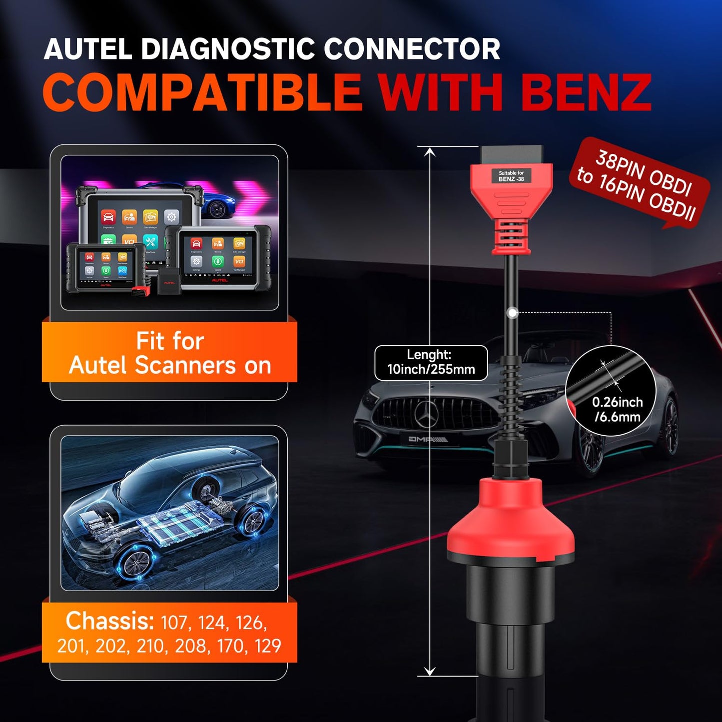 Autel Original BENZ-38 PIN Adapter, 38 Pin Male to 16 Pin Female OBDII Connector Compatible with Mercedes-Benz Pre-2001, Work with Autel Scanner MK808S, MK808BT PRO, MK900, Elite II PRO, Ultra, etc