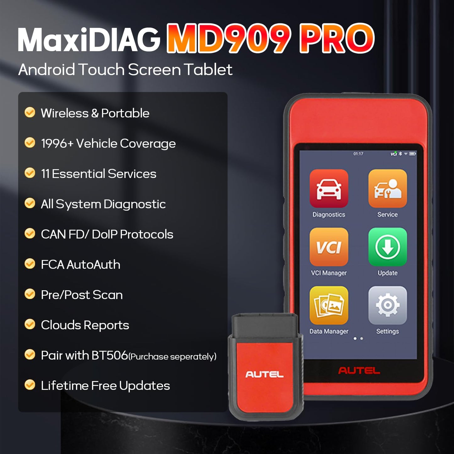Autel MaxiDiag MD909 Pro – 2025 OBD2 Scanner with All-System Diagnostics & 11+ Services