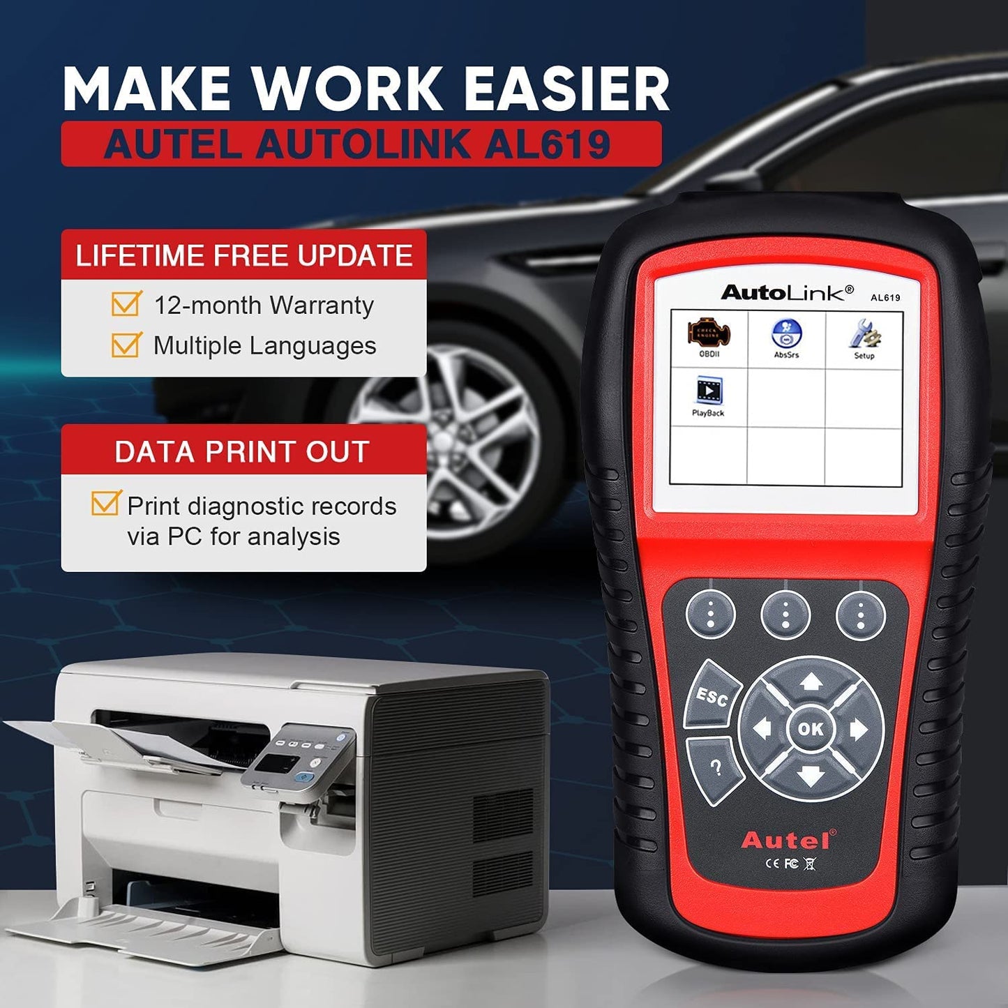 Autel AutoLink AL619 OBD2 Scanner – ABS, SRS, Live Data & DTC