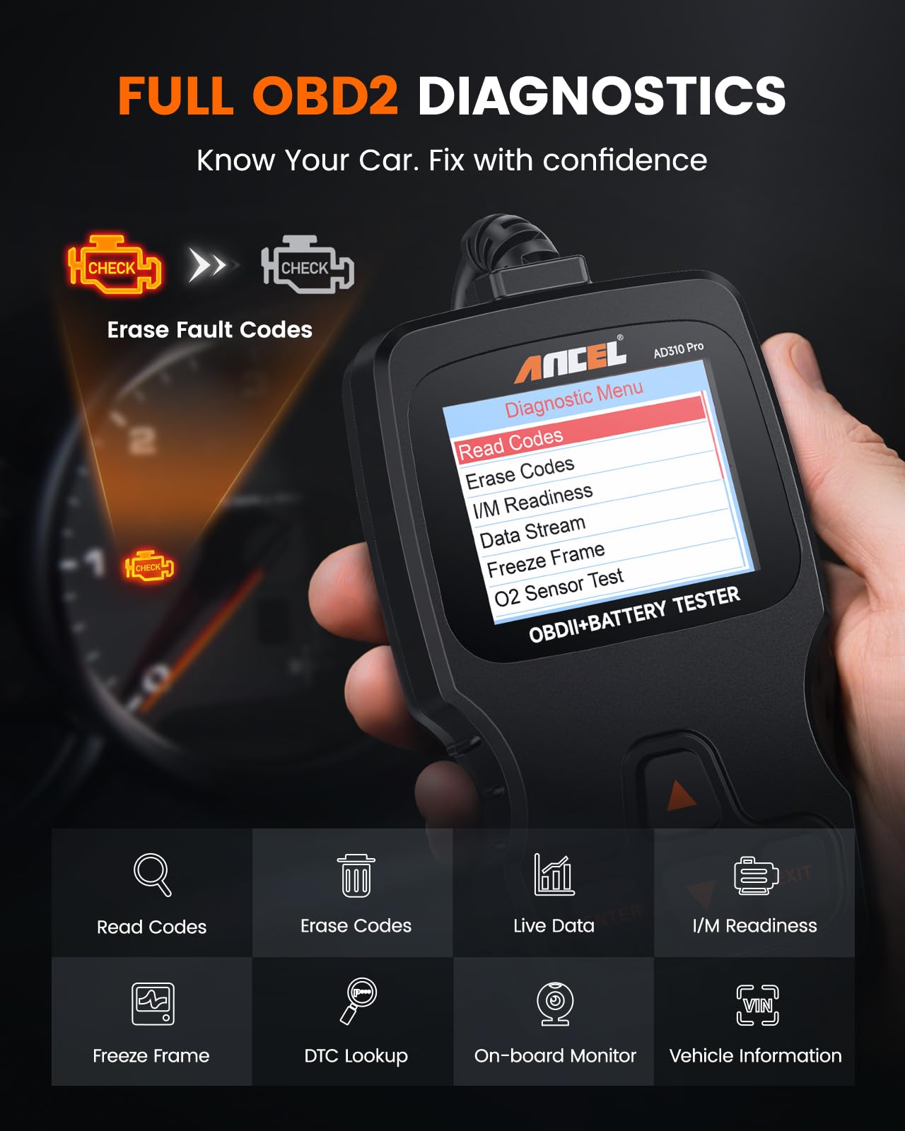 ANCEL AD310 Pro OBD2 Scanner & 12V Battery Tester with Bluetooth