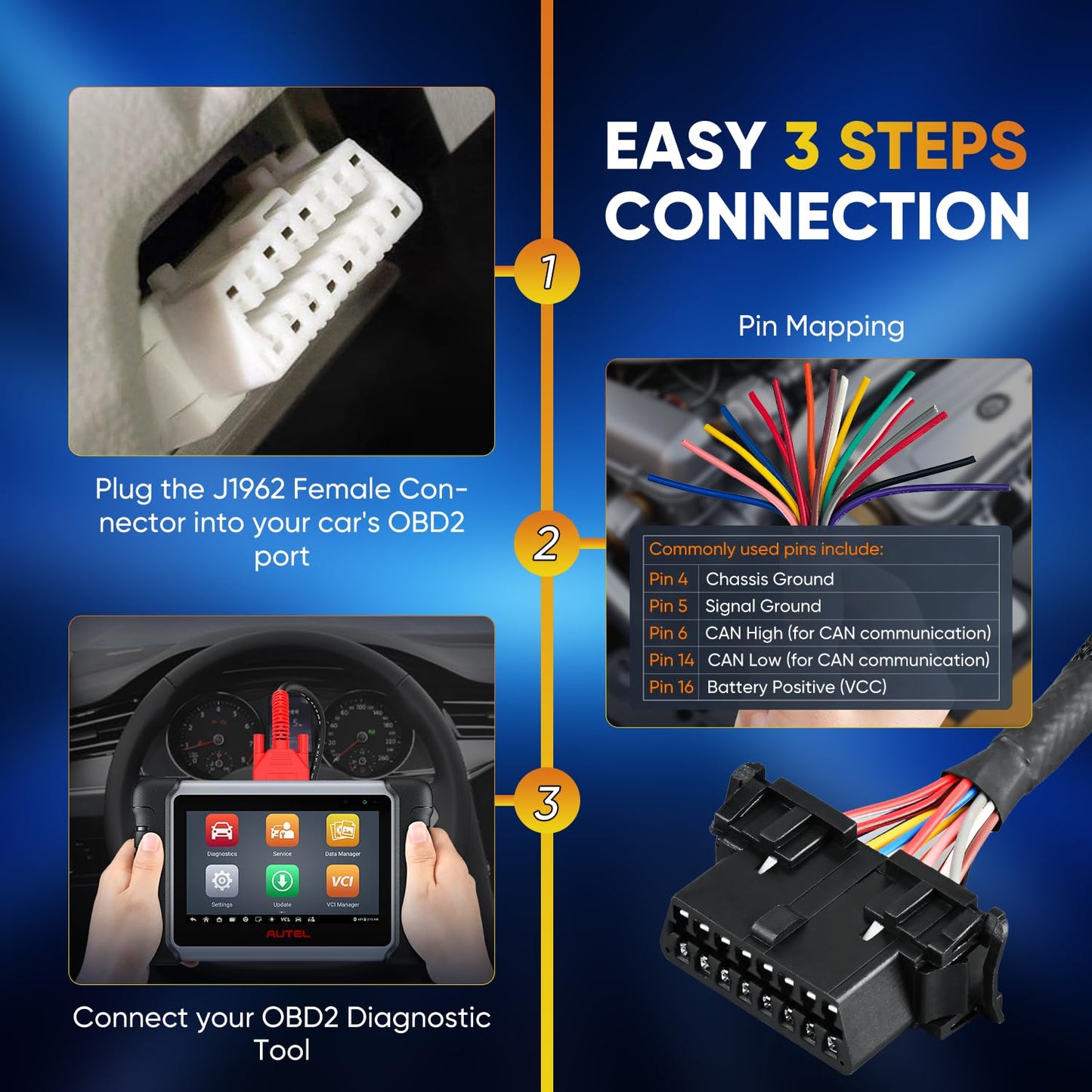 Autel OBD2 16Pin Female to Pigtail Cable with Dash Mount – 30CM