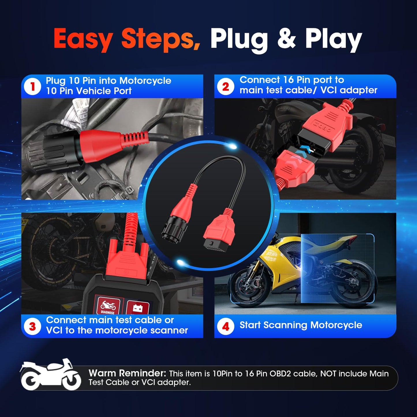 Autel OBD2 Adapter Cable for BMW Motorcycles 1996-2016, 10-Pin to 16-Pin