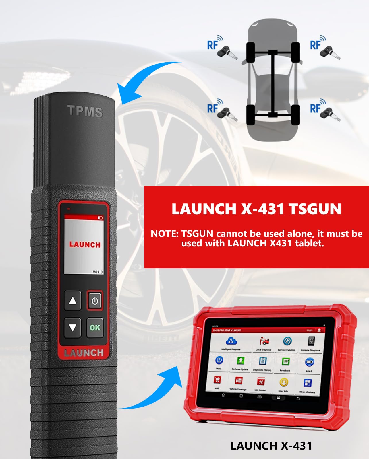 LAUNCH X-431 TSGUN TPMS Tool for X-431 Scanners | 315/433MHz Sensor Support
