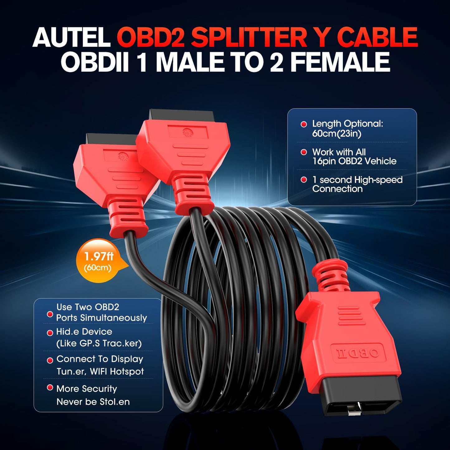 Autel OBD2 Splitter Extension Cable 1M to 2F – 2FT