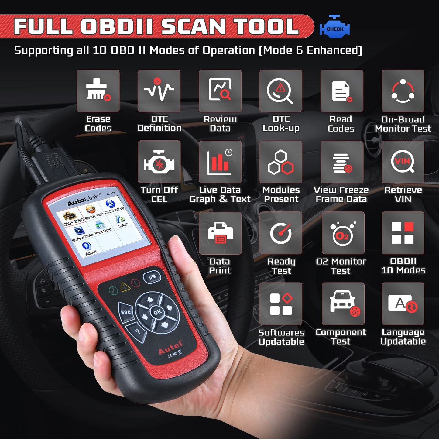 Autel AL519 OBD2 Scanner – Full Mode 6 CAN Code Reader