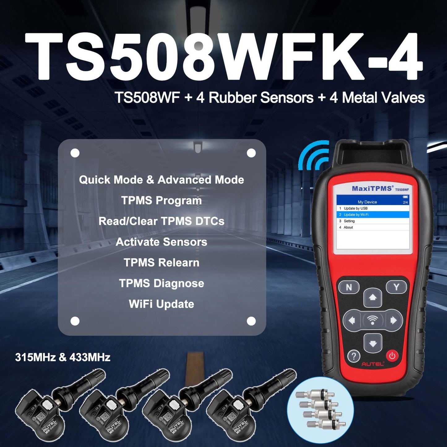 Autel MaxiTPMS TS508WF TPMS Tool Kit with 4 MX-Sensors & Metal Valves