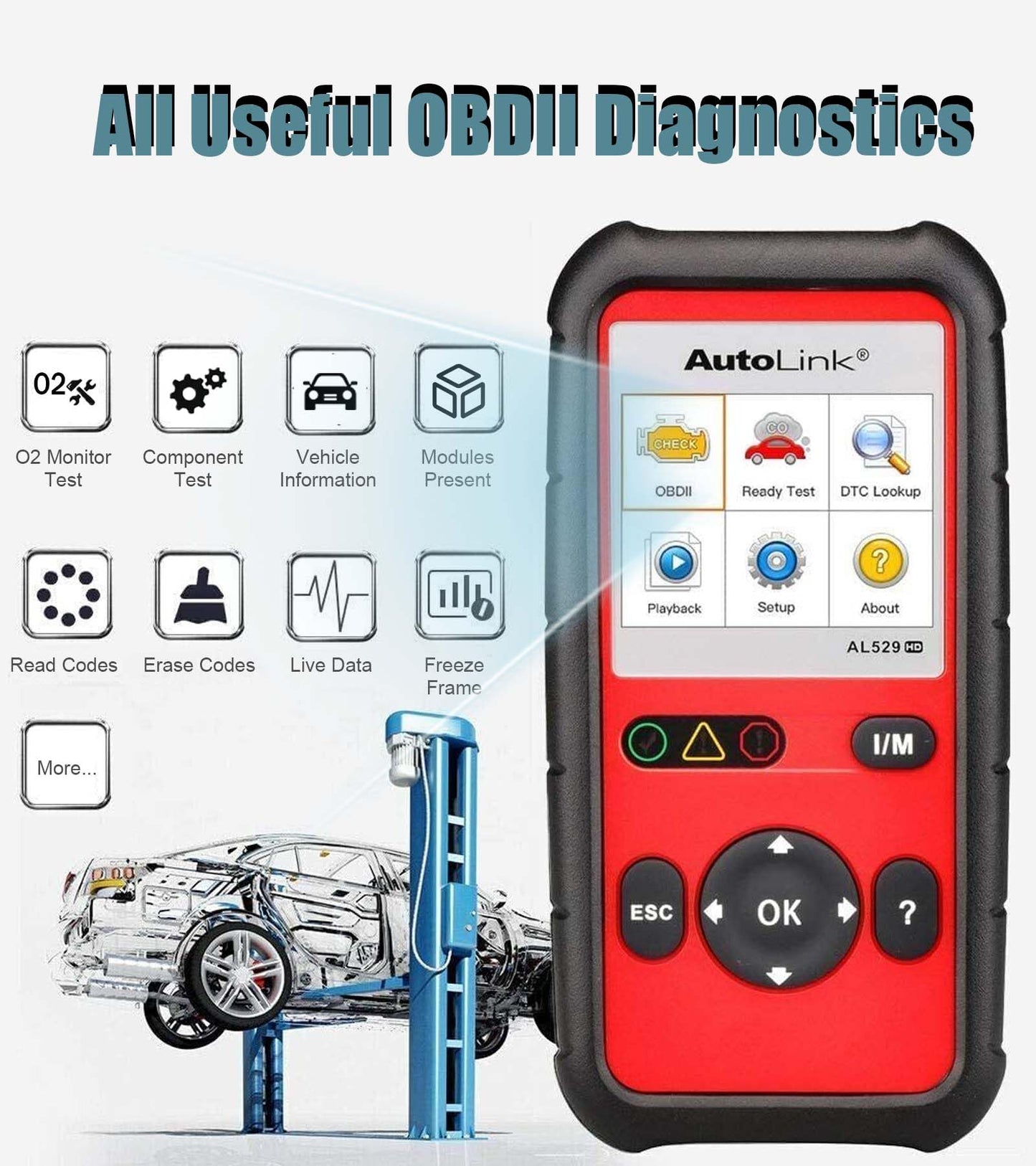 Autel AutoLink AL529HD Read/Erase Heavy Duty Engine DTCs Deutsch 9-Pin & 6-Pin Adapters One-Touch I/M Readiness/LED Indicator Support All 10 OBDII Test Modes Enhanced Mode 6 Diagnostics