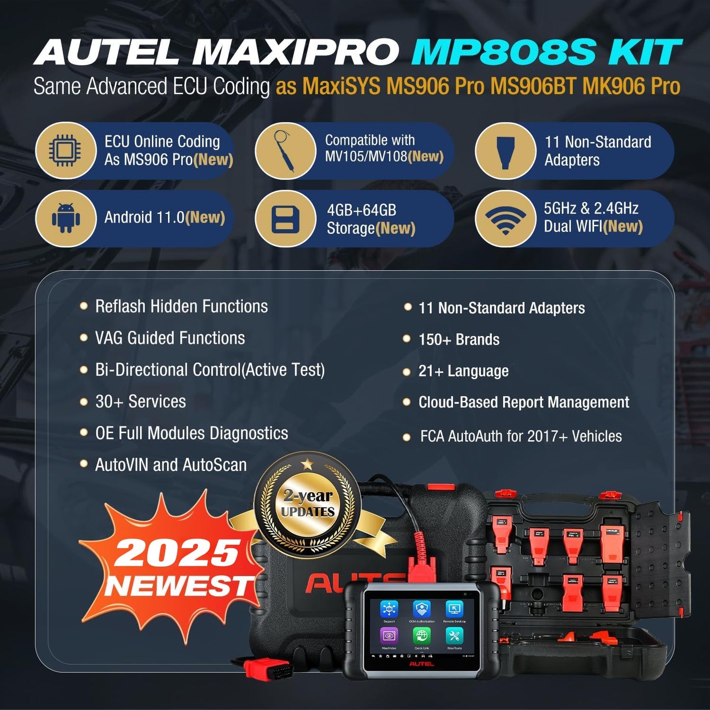Autel MaxiPRO MP808S KIT (2025) – Bidirectional ECU Scan Tool with 30+ Services, OE-Level Diagnostics, 11 OBD1 Adapters & 2-Year Free Updates