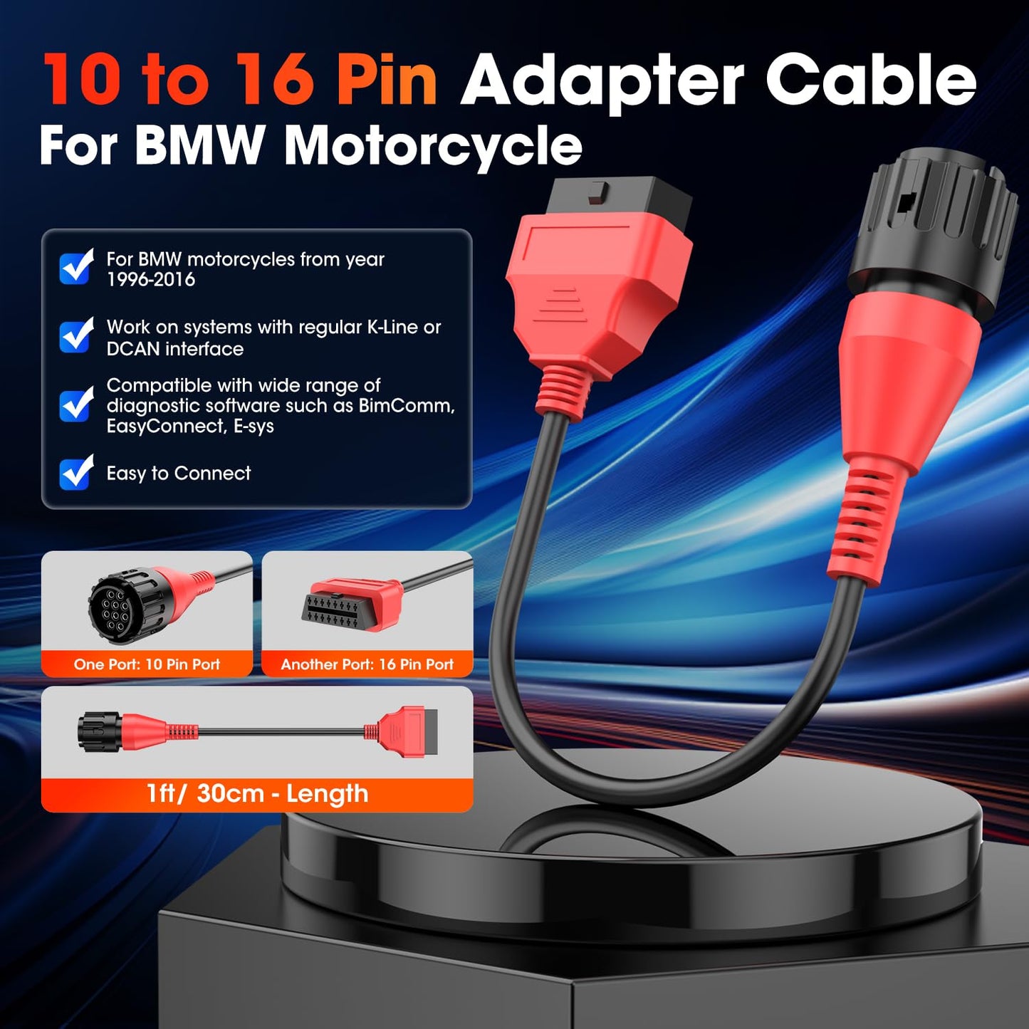 Autel OBD2 Adapter Cable for BMW Motorcycles 1996-2016, 10-Pin to 16-Pin