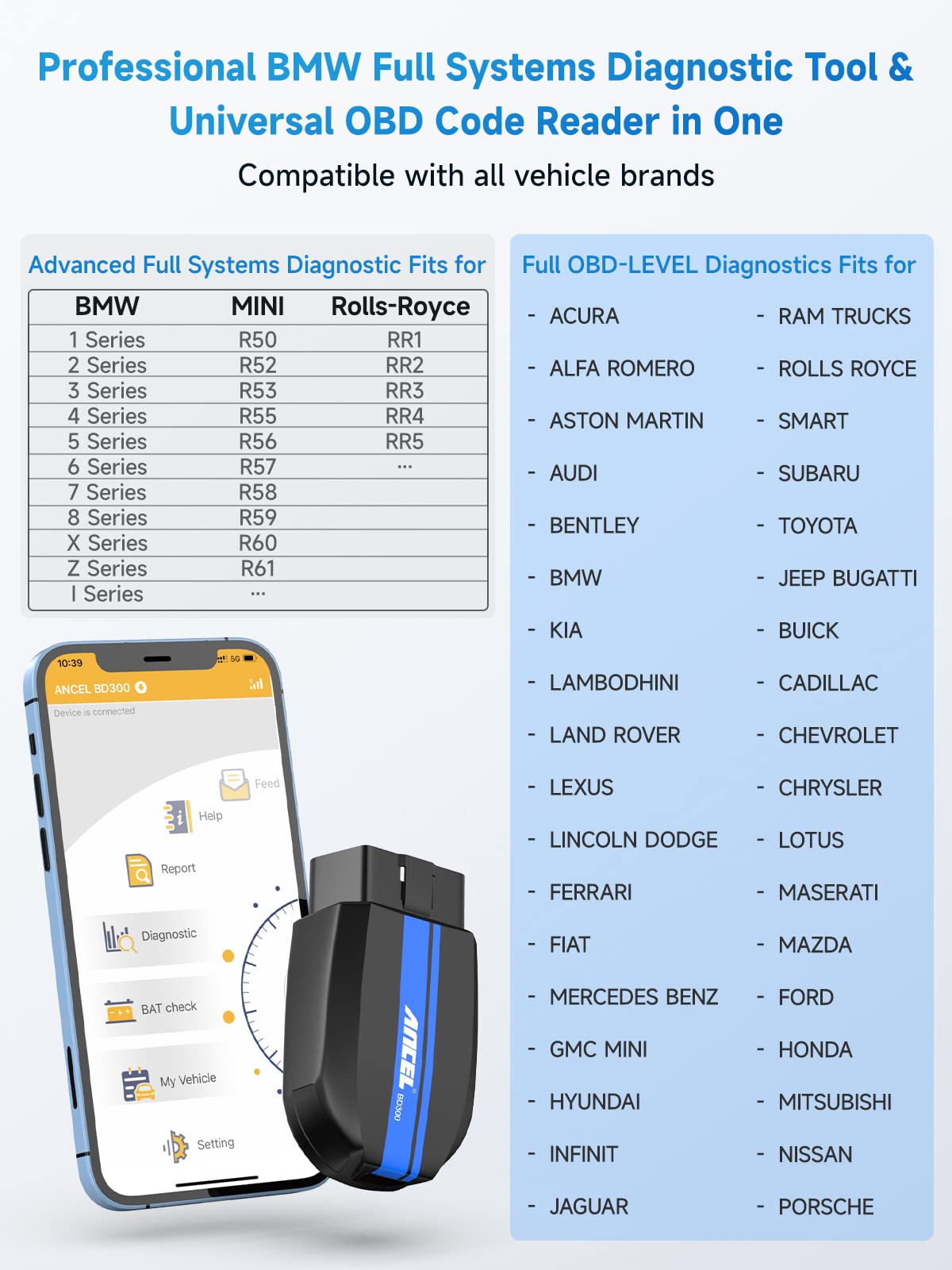 ANCEL BD300 Bluetooth OBD2 Scanner for BMW/MINI/Rolls-Royce – Full System & Battery Tool