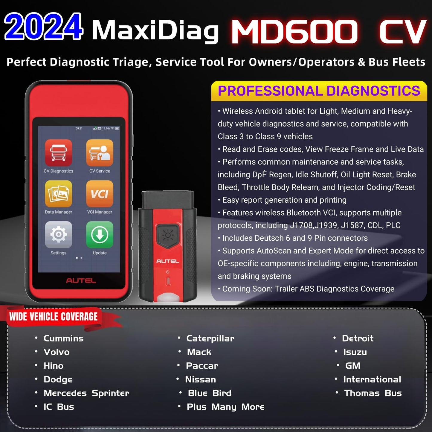 Autel MaxiDiag MD600CV Truck Scanner | 2024 Heavy Duty Diagnostics
