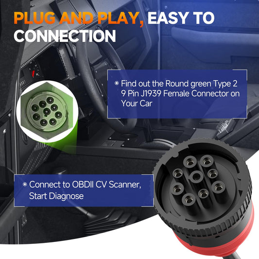 Autel J1939 to OBD2 16-Pin Adapter | 2025 Green 9-Pin Type 2 Cable