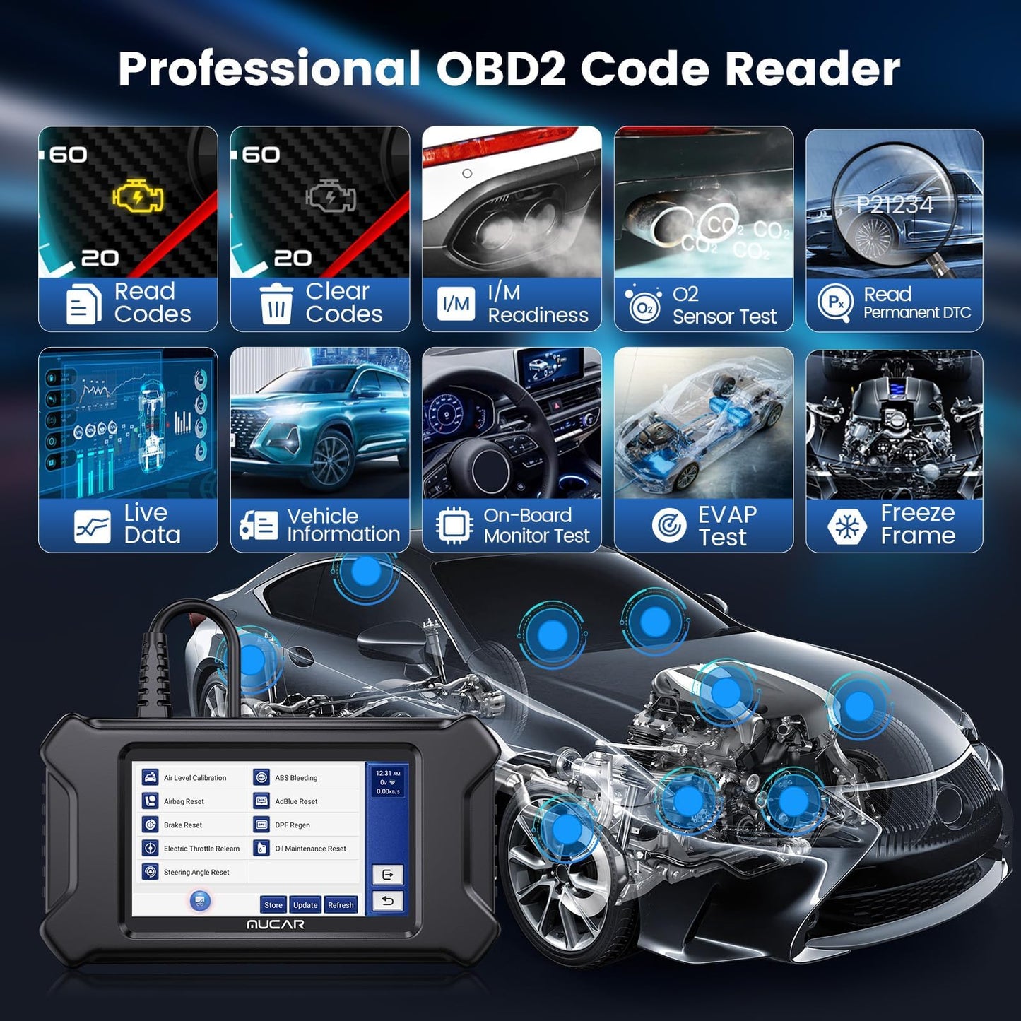 MUCAR CS90 OBD2 Scanner with 28+ Reset Services & ABS Code Reader