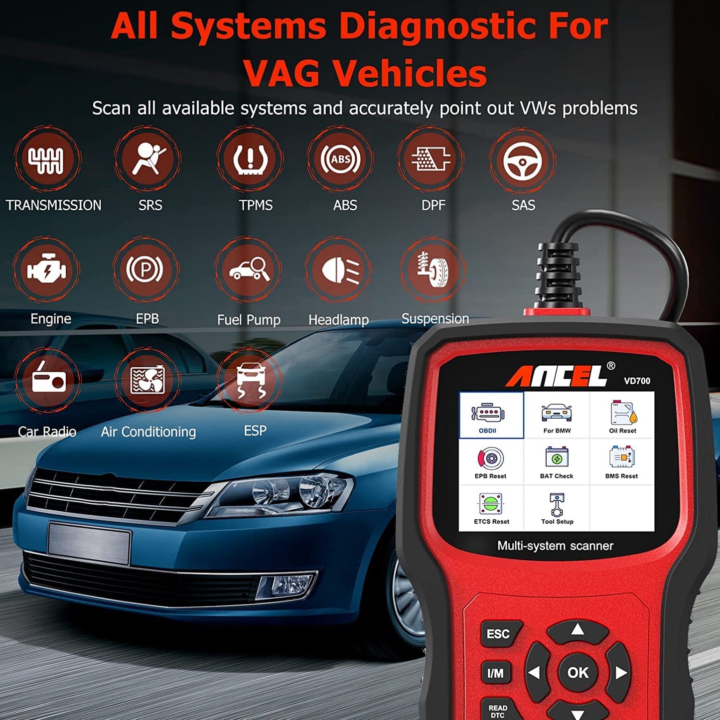 Ancel VD700 OBD2 Scanner for VW Audi Skoda Seat – Full System Diagnostic Tool