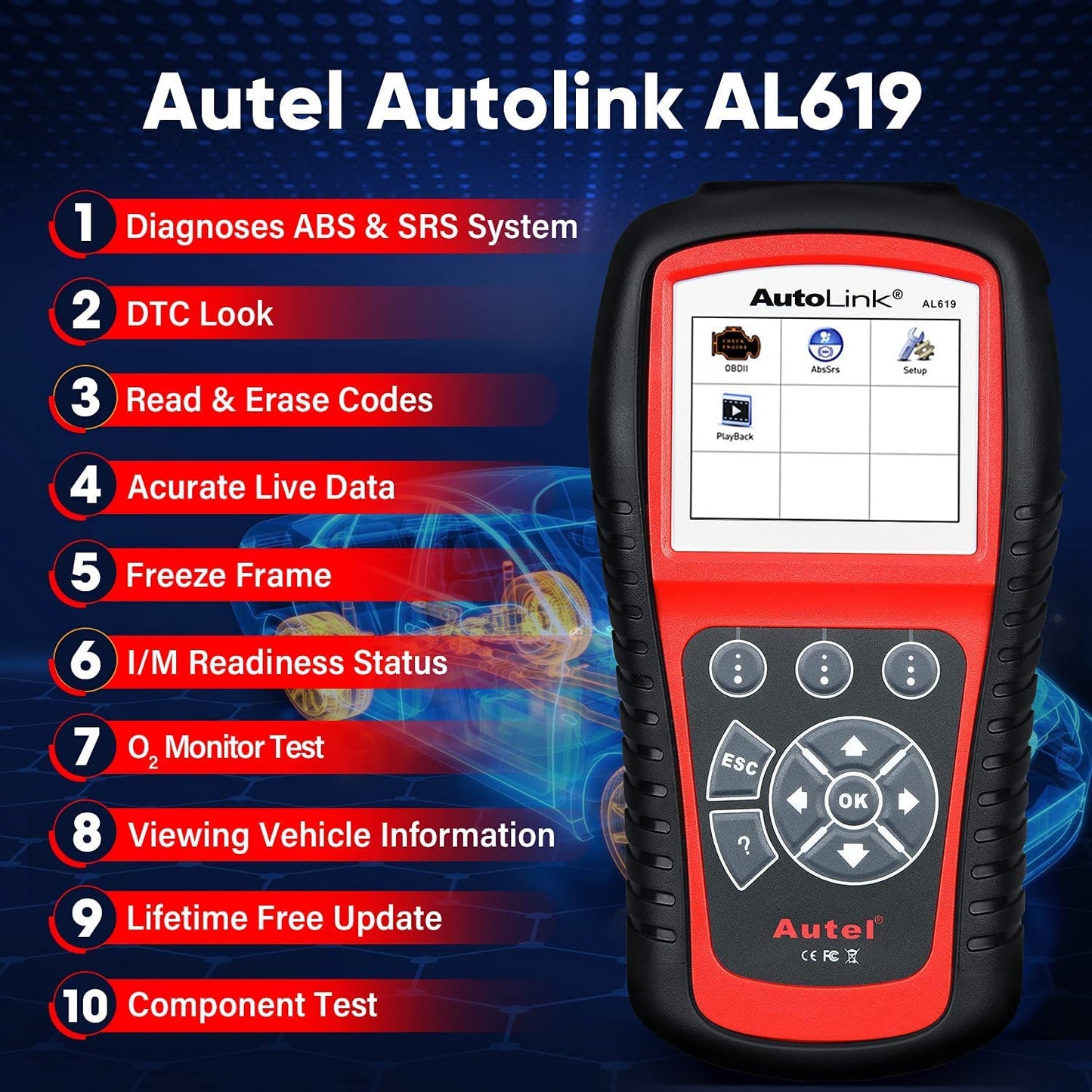Autel AutoLink AL619 OBD2 Scanner – ABS, SRS, Live Data & DTC