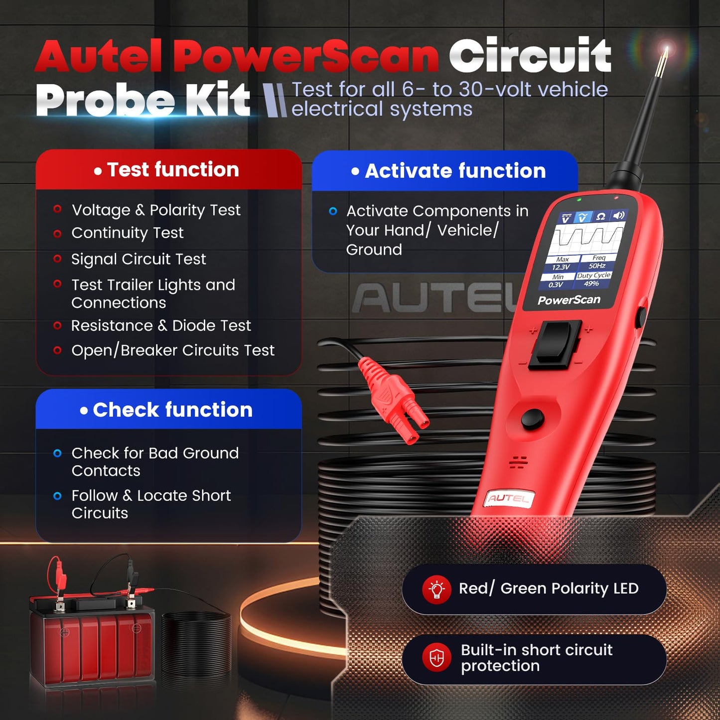 Autel PowerScan PS100 Circuit Tester | 12V–24V Electrical Probe Tool
