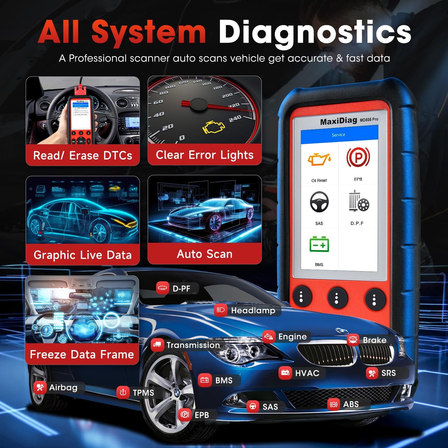 Autel MD808 PRO OBD2 Scanner – All-System Diagnostics & 7 Services