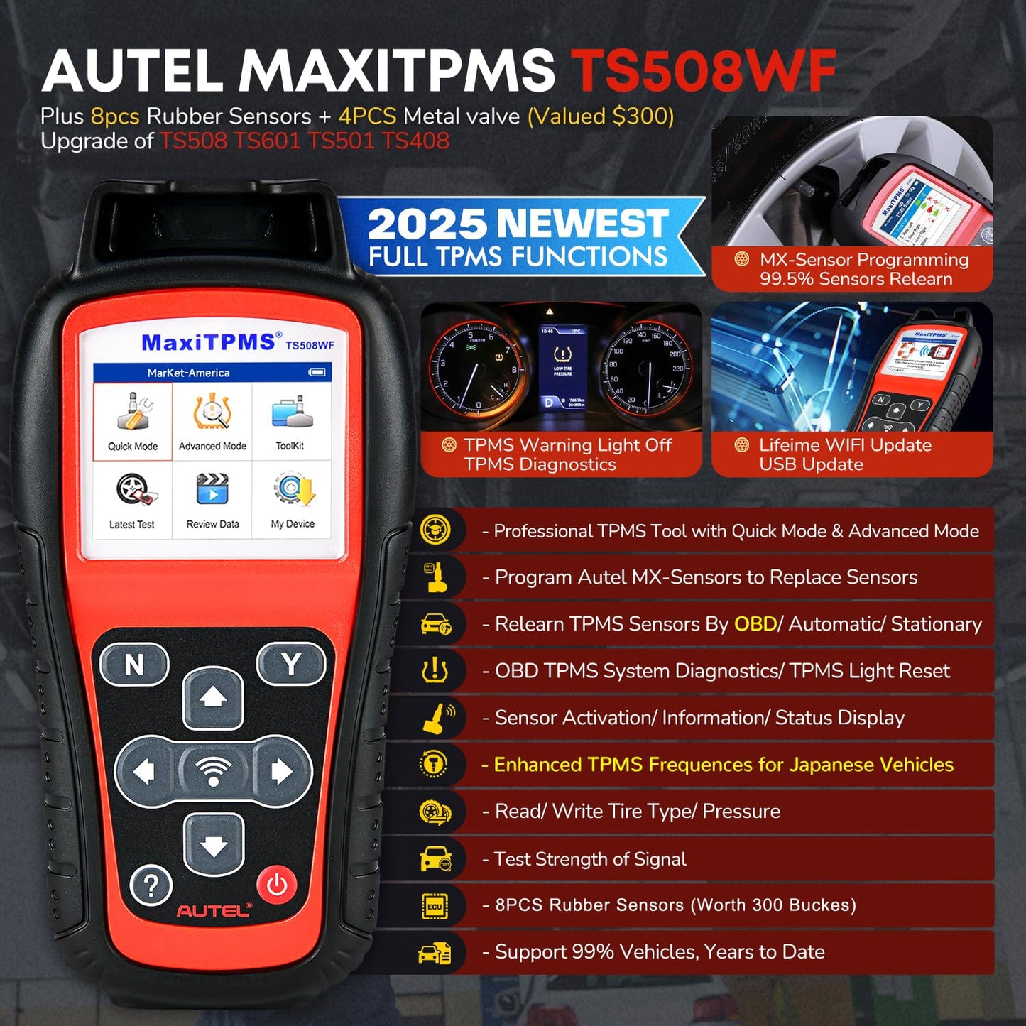 Autel MaxiTPMS TS508WF TPMS Tool with 8 Sensors & 4 Valves – WiFi Version