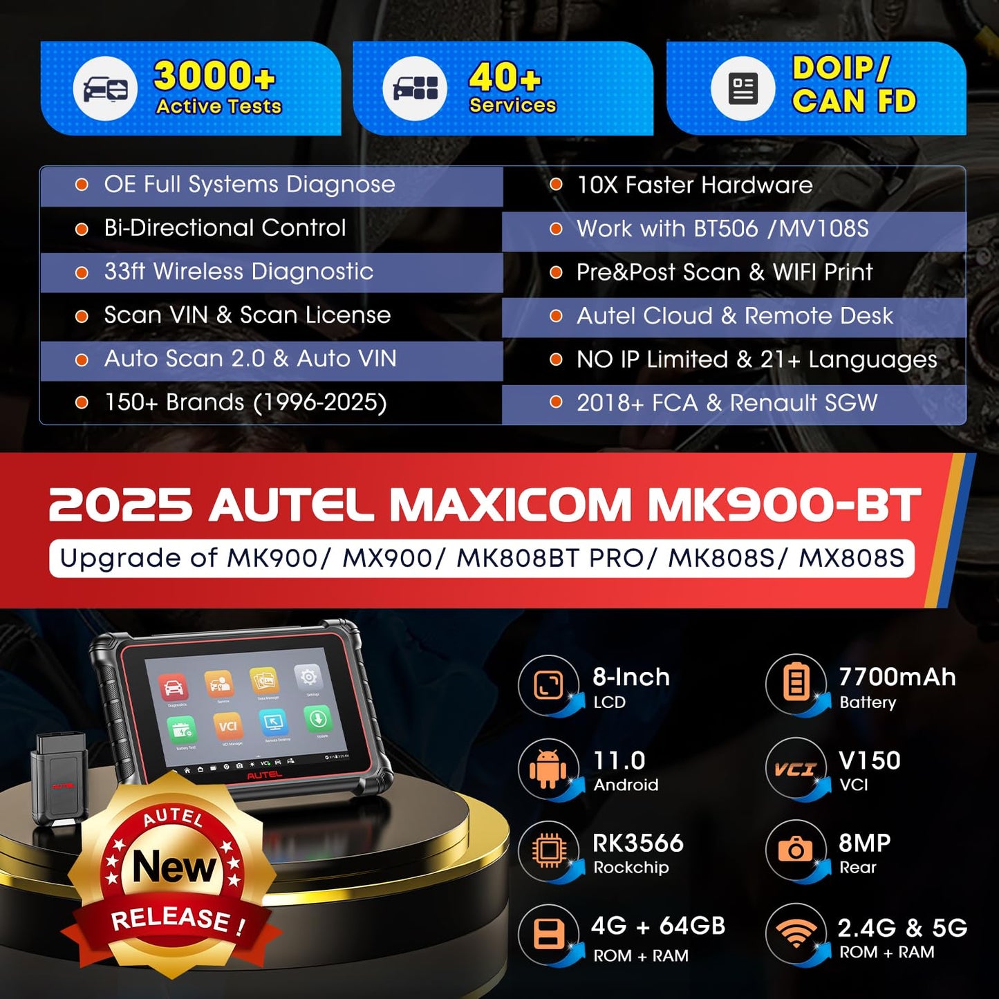 Autel MaxiCOM MK900BT 8” Bidirectional OBD2 Scan Tool 40+ Services