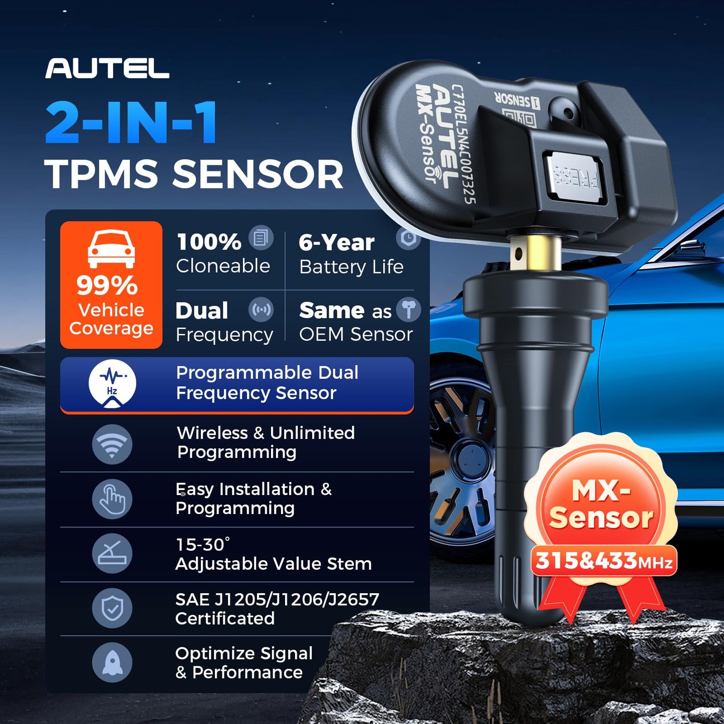 Autel MX-Sensor 2-in-1 TPMS (315MHz+433MHz) Programmable