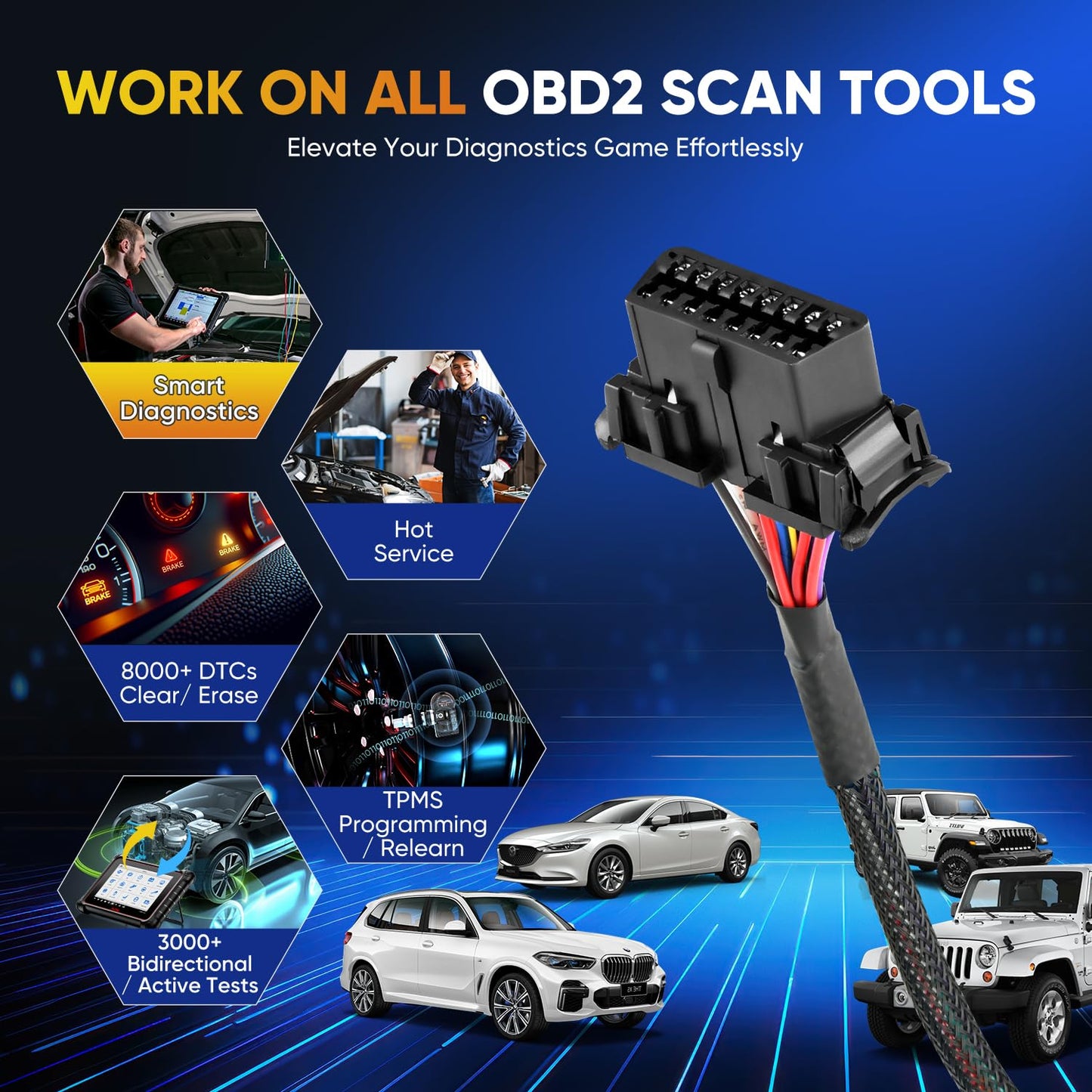 Autel OBD2 16Pin Female to Pigtail Cable with Dash Mount – 30CM