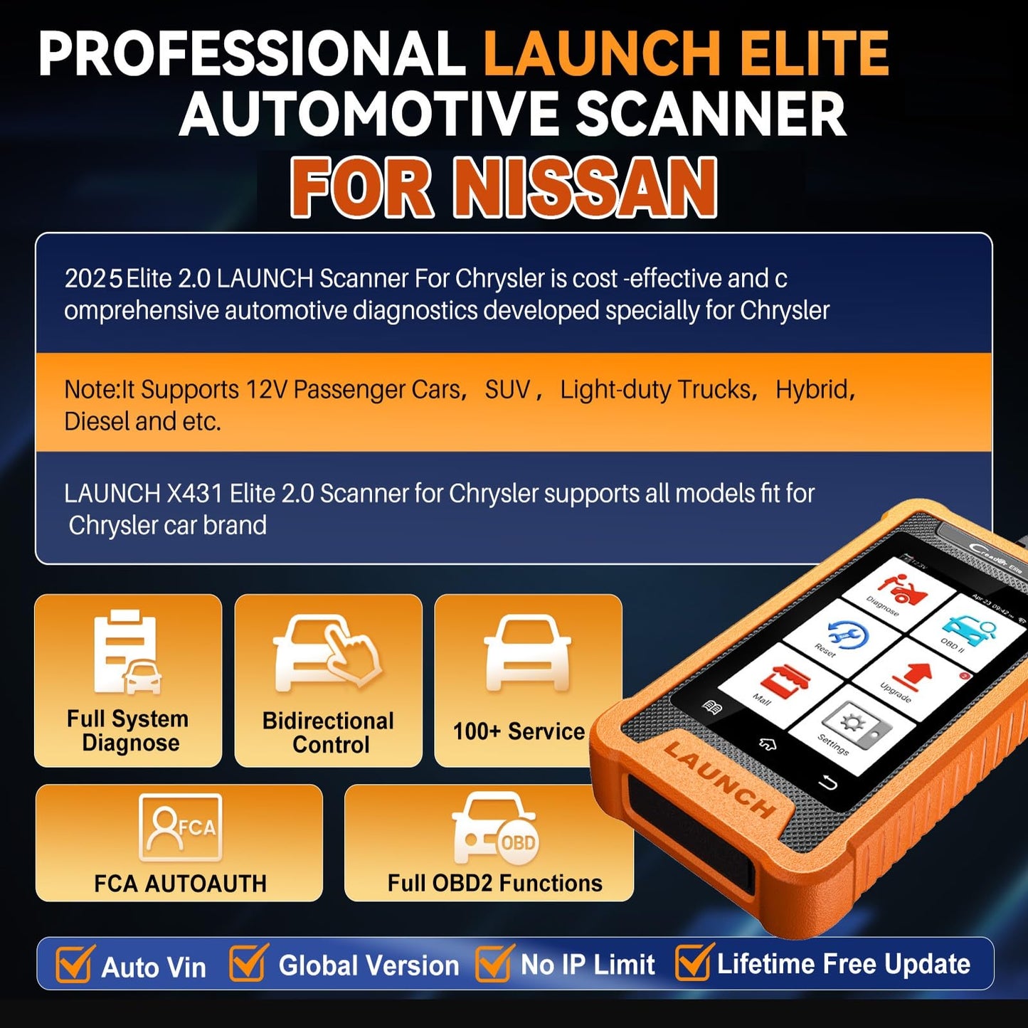 Launch X431 Elite 2025 Nissan Infiniti OBD2 Scanner with Reset