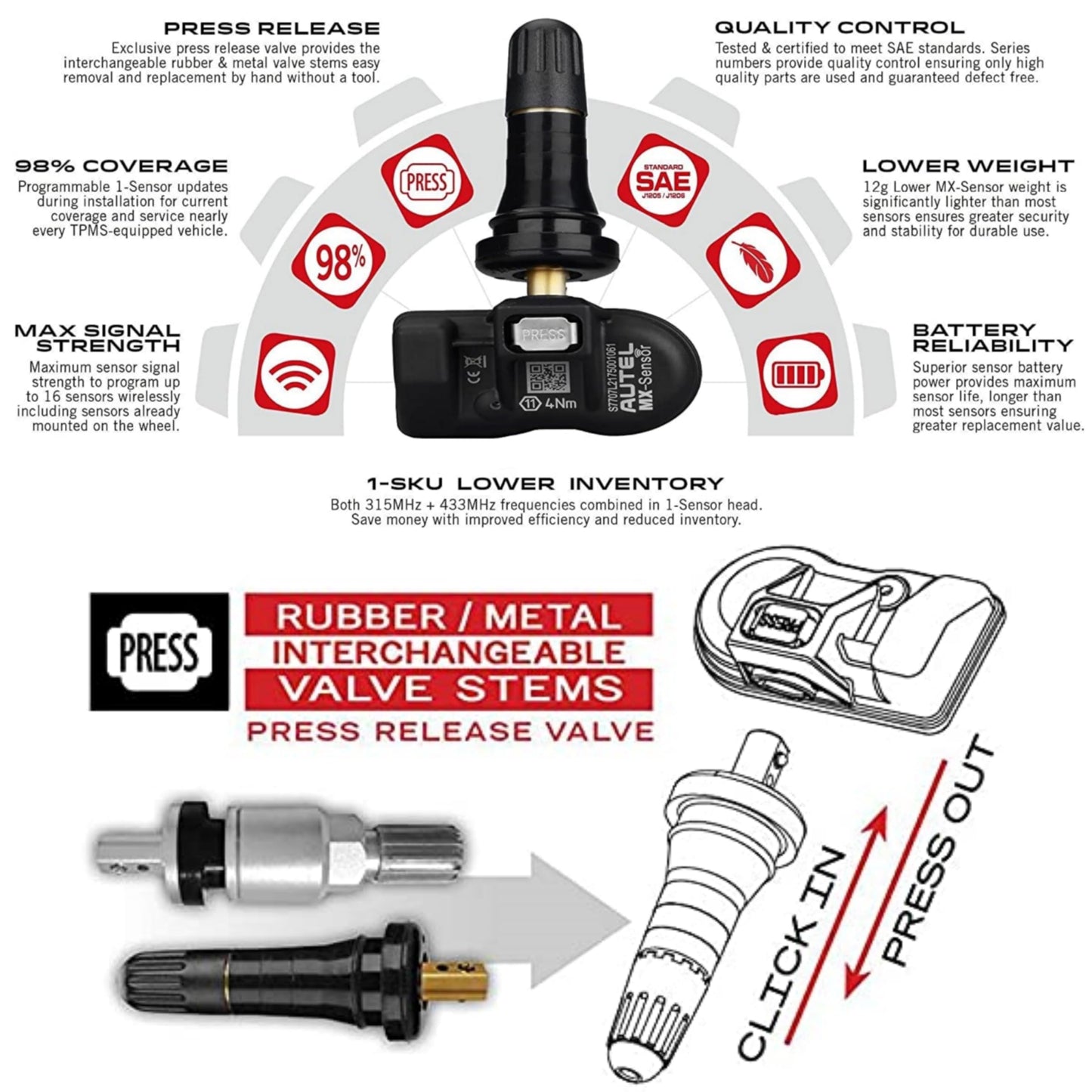 Autel MX-Sensors 20 Pcs TPMS 315/433MHz Pack Rubber Stem