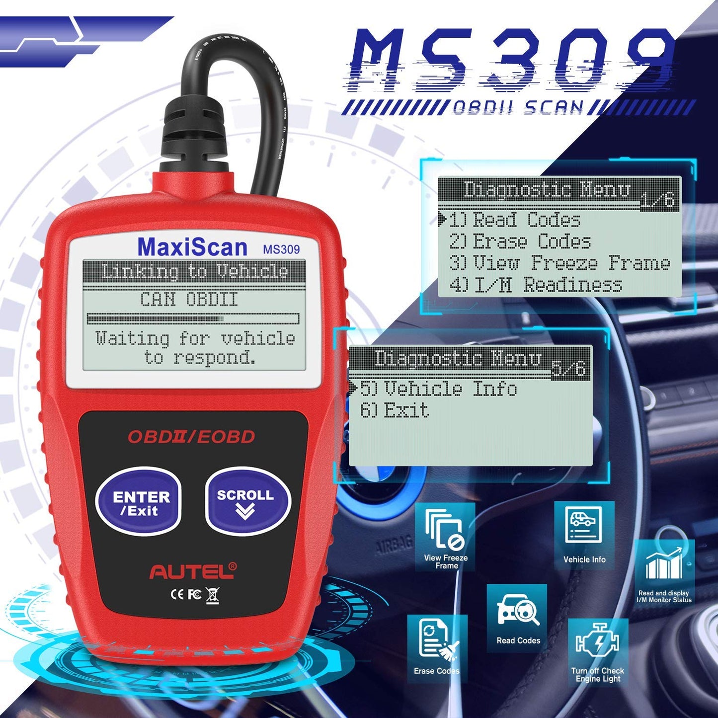 Autel MaxiScan MS309 OBD2 Scanner | Check Engine Code Reader