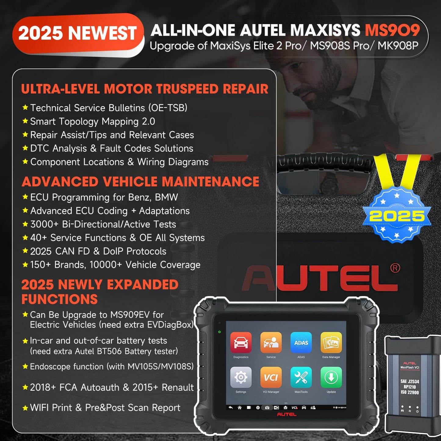 Autel MaxiSys MS909 Scanner 2025 – Intelligent ECU Coding & 40+ Services